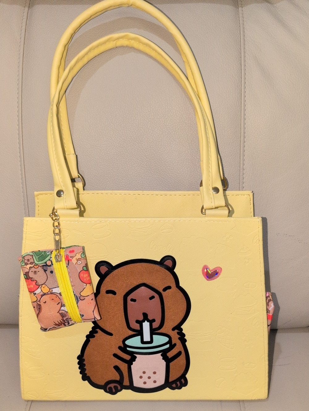 Kawaii Capybara Boba Tea Structured Purse Yellow Top Handle W/ Coin Pouch Charm